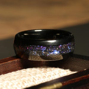 Orion Nebula Ring, Tungsten Outer Space Ring, 8mm-6mm-4mm Man Woman Wedding Ring, Comfort Fit, Black, Dome, Polish Smooth, Anniversary Gift