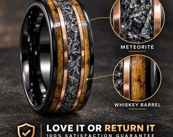 Meteorite Inlay Ring, Whiskey Barrel Wood, Black Tungsten Men's Wedding Band, Rose Gold Accents, 8mm