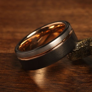 Mens rings Unique Wedding Band Black & Silver Brushed Rose Gold Tungsten Ring Mens Wedding Ring Men Engagement Ring Black Tungsten