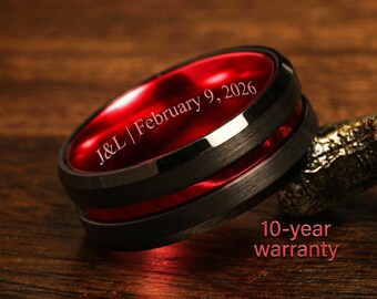 Men's Wedding Ring Tungsten Ring Beveled Edge Black Band With High Polished Red Interior Mens Ring Tungsten Firefighter Ring-Mens black ring