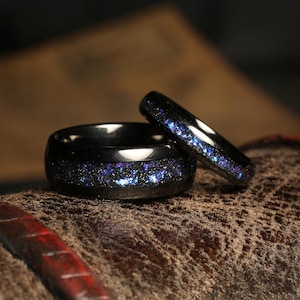 Great Rift Nebula Ring Set, His and Hers Tungsten Wedding Band, 8mm & 4mm Black Ring, Outer Space Couples Ring, Polish, Dome, Blue Sandstone