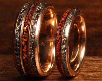 The DinoMeteor -DINOSAUR BONE ring Set 4mm & 8mm Crushed Meteorite Ring Set –His and Her Band,Matching Wedding Bands Set,Unique Couples Ring