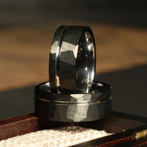 Black facetted wedding band Tungsten Ring Silver strip Mens Ring 8mm Hammered Wedding Ring Brushed Silver Ring personalized gift for him