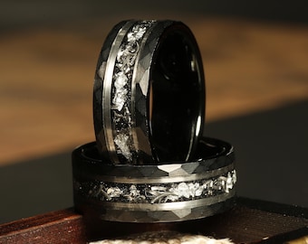 The Artemis Hammered Leaf and Meteorite ring, Black Hammered wedding Ring, Hammered Brushed Tungsten Band, Mens Ring, silver meteorite ring