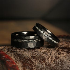 Couple Rings Couples Meteorite Wedding Bands- His and Hers Black Hammered Wedding Rings- Promise Rings- Matching Rings Set, Engagement ring