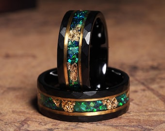 Crushed Green Fire Opal Men's Wedding Band- Tungsten Ring- Opal & Rose Gold Leaf Black Wedding Band- Personalized Gift for Him , Groom Fit