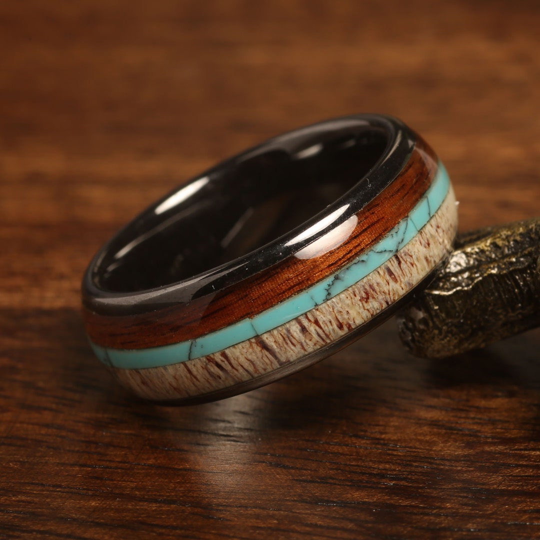 Men's Wedding Ring Tungsten Ceramic Men's Deer Antler Turquoise Wood ...