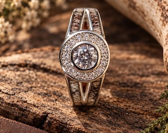 Antler Engagement Ring Sterling Silver - Rustic Wedding Band - Cubic Zirconia Promise Ring for Women - Unique Bridal Jewelry - Gift for Her