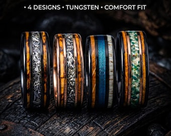 8mm Charred Whiskey Barrel Meteorite inlay Ring – Mens Engagement Ring - Tungsten Rustic Wedding Ring for Him, Unique Whiskey Barrel Ring