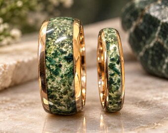 Rose Gold-Tone Moss Agate Ring Set, His and Hers Tungsten Bands, Matching Couple Rings, Green Agate Promise Rings, Nature Wedding Gift Set