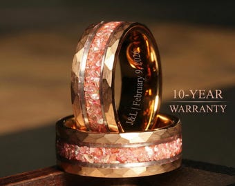 Crushed Morganite Rose Gold Wedding Band 8mm Hammered Tungsten Ring Mens Wedding Ring Comfort Fit Anniversary Ring Morganite Birthstone 8mm