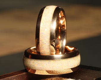 Crushed White Opal Band – 8mm Tungsten Wedding Ring with Rose Gold Plating, Polished Dome, Comfort Fit, Gift for Him