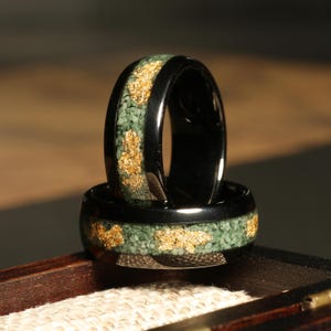 Green Moss Agate, Gold Leaf Men&#39;s Wedding Band - Gold Tungsten Carbide 8mm Comfort Fit Ring- Nature Wedding Ring- Anniversary Gift For Him