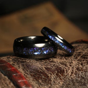 Orion Nebula Ring Set, His and Her Tungsten Wedding Band, 8mm & 4mm Black Ring, Outer Space Couples Ring, Polish, Dome, Comfort Fit