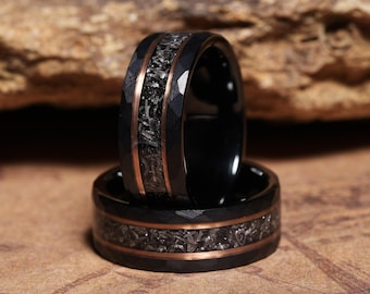 Custom Meteorite Ring, Black Hammered Rose Gold Strip Tungsten Wedding Rings, Meteorite Bands, Viking Engagement Ring, Viking Wedding Band