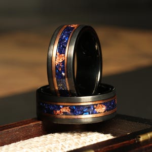 Blue Sapphire Gold Leaf Mens Wedding Band- Brushed Sapphire Ring- 8mm Two Tone Black Tungsten Ring- Gold Leaf Foil- Black Gold Accent