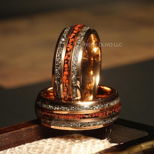 The Cosmic - Mens Rings Rose Gold Tungsten Meteorite and Dinosaur bone ring, polished Tungsten ring, rose domed wedding Ring