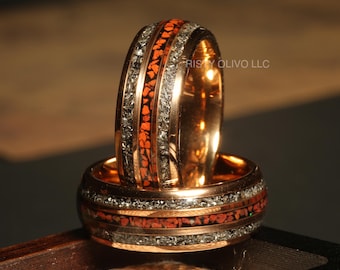 The Cosmic - Mens Rings Rose Gold Tungsten Meteorite and Dinosaur bone ring, polished Tungsten ring, rose domed wedding Ring
