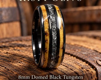 Burnt Whiskey Barrel Meteorite Ring, 8mm Black Tungsten Men's Wedding Band, Burnt Wood Inlay Ring, Dome Wedding Ring Gift for Him