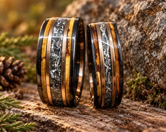 Whiskey Barrel Wedding Ring Set, His and Hers Black Tungsten Bands, 8mm & 6mm