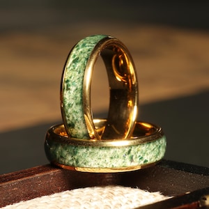 Womens Wedding Band, Moss Agate Yellow Gold 6mm Polish Tungsten Wedding Ring, Eco-Friendly Moss Agate Gift For Her Womens Wedding Ring 8 6 4