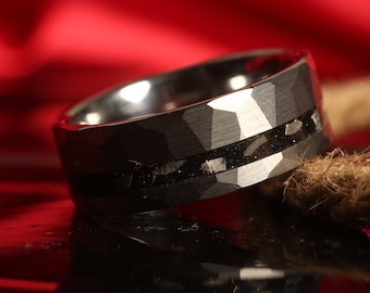 Meteorite Ring, Mens Wedding Ring, Hammered ring , Mens Wedding band, Silver Tungsten Ring, Mens Rings, black rings, Gift for him