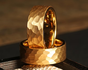 HAMMERED GOLD WEDDING Ring 8mm , 18K Yellow Gold Wedding Band, Men's Engagement Ring, Hammered Ring, Gold Tungsten Ring, Men's Wedding Band