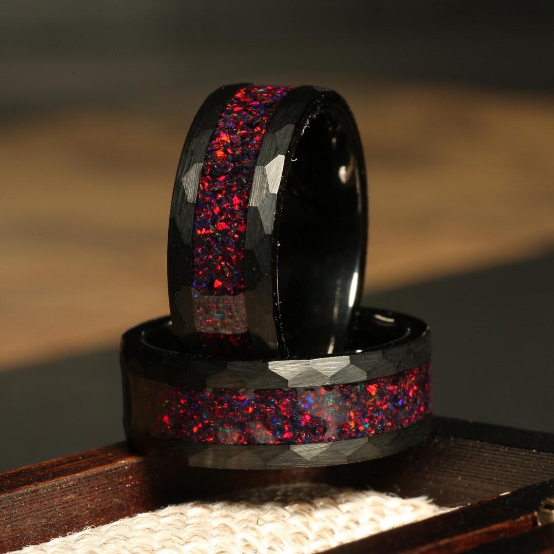 Crushed Black Fire Opal Hammered Black Tungsten Mens Rings Mens Wedding ...