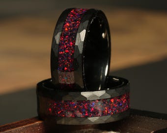 Crushed Black Fire Opal Hammered Black Tungsten Mens Rings Mens Wedding Rings Promise Mens Wedding Band Best Seller Gift for him