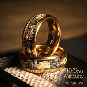 8mm Yellow Gold Mens Meteorite Ring – Gold Leaf Flakes Wedding Band - Custom Engraved, Mens Tungsten Ring, Comfort Fit For Daily Wear Ring
