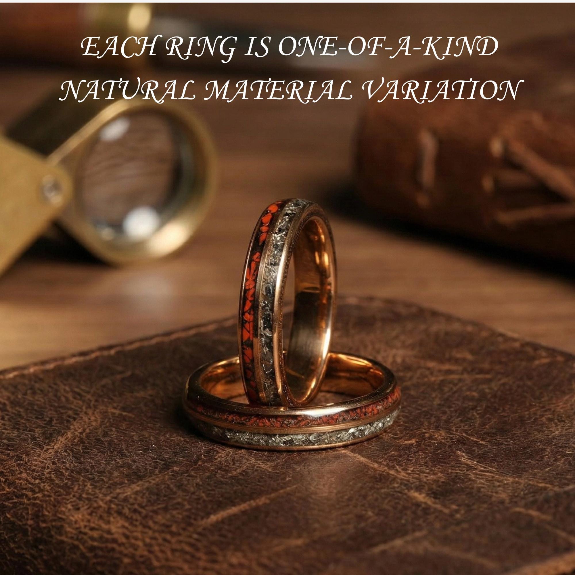 Personalized Meteorite & Dino Bone Inlay Wedding Band in Rose Gold Personalized Meteorite & Dino Bone Inlay Wedding Band in Rose Gold