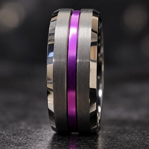 Grooved Wedding Band, Black Tungsten Men's Ring, Purple Interior, 8mm Matte Brushed Comfort Fit