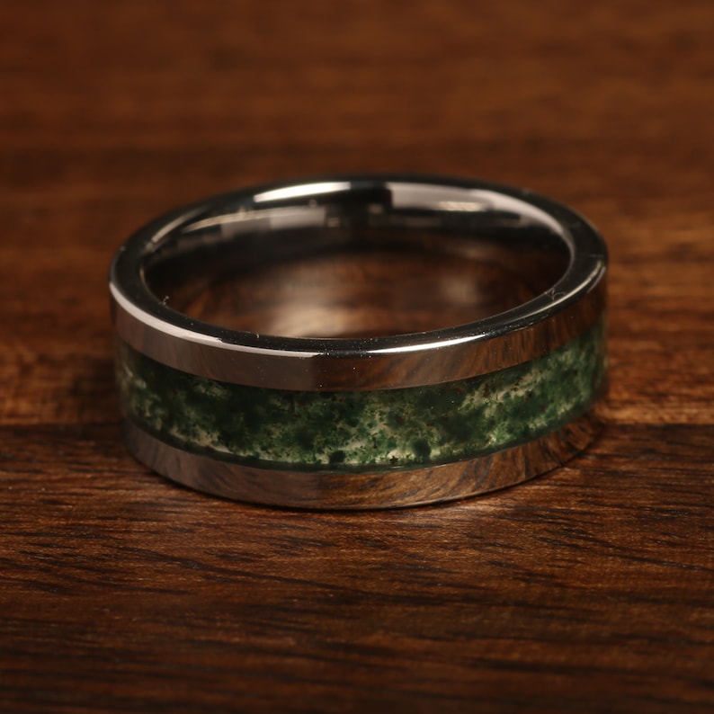 Men's Wedding Ring Moss Agate Ring Silver Gray 8mm 6mm 4mm Polish ...