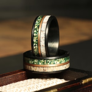 Moss Agate Ring Black 8mm Polish Tungsten Wedding Ring Eco-Friendly Moss Agate Black Rose Gold Strip Ring Mens Ring, Deer Antler ring black