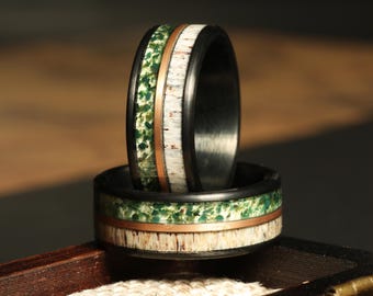 Moss Agate Ring Black 8mm Polish Tungsten Wedding Ring Eco-Friendly Moss Agate Black Rose Gold Strip Ring Mens Ring, Deer Antler ring black