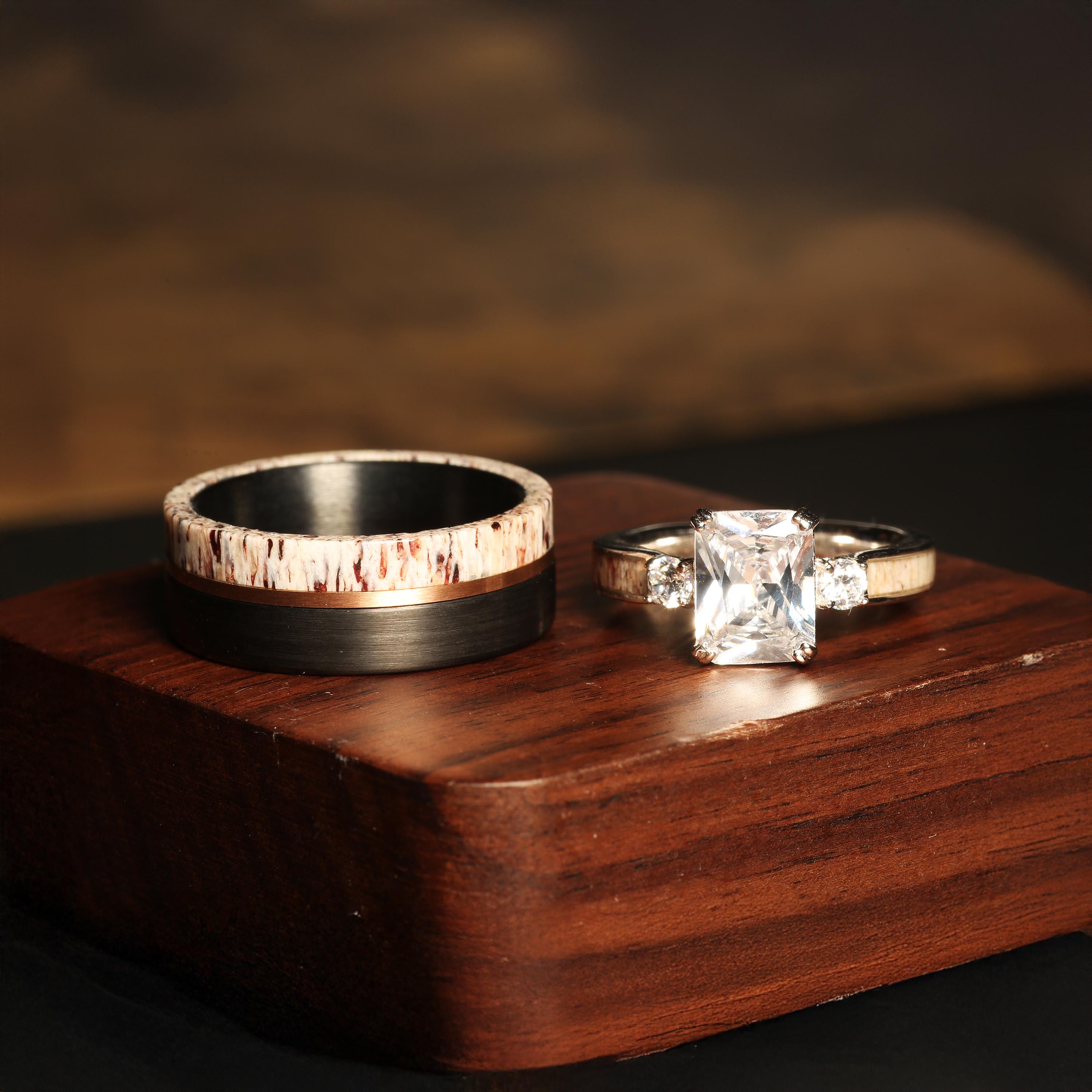 Deer Antler & 3-Stone CZ Couple Rings - His 8mm Black Tungsten Band, Her Sterling Silver Bridal Set, Personalized Nature-Inspired Jewelry