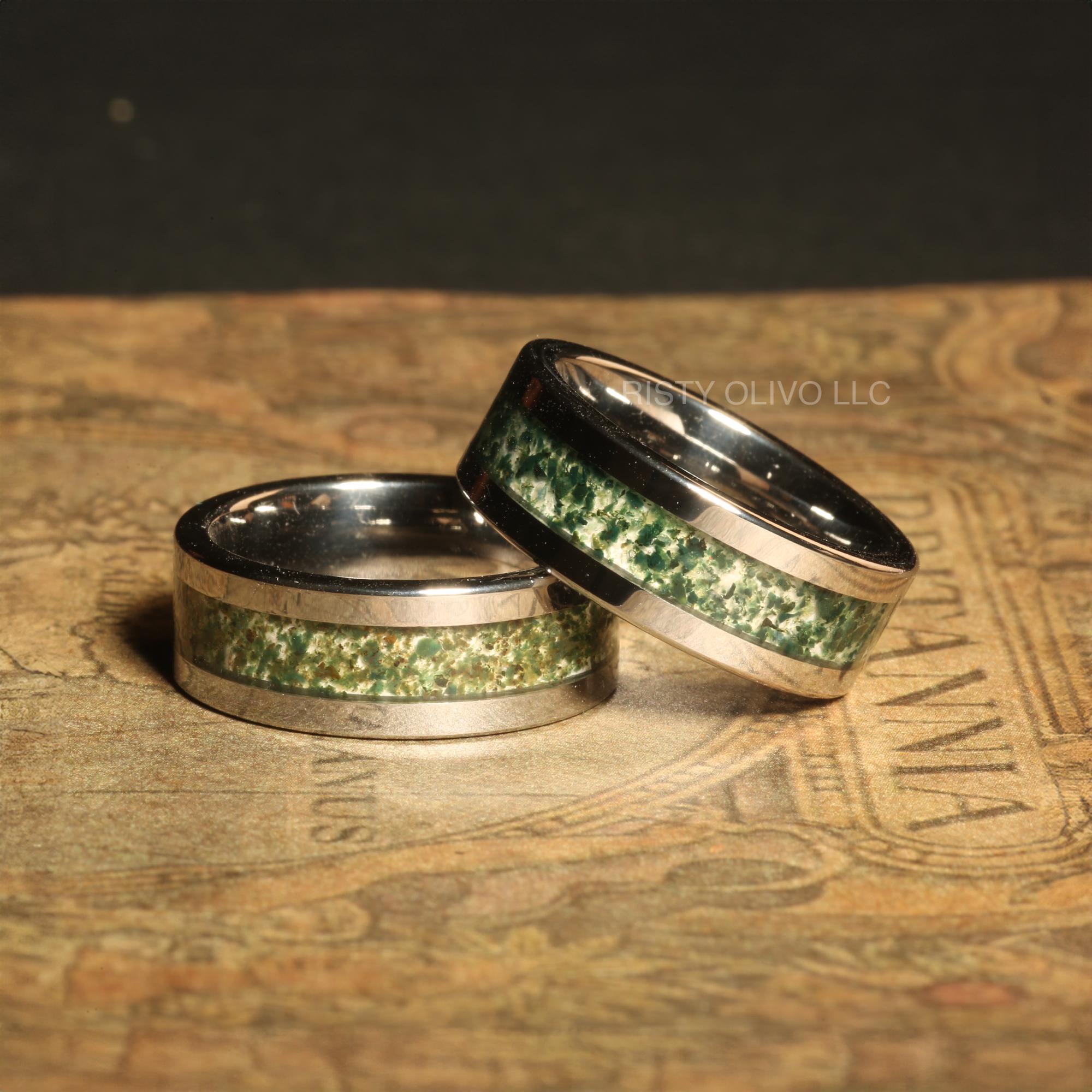 The Mosswood -couple Ring Green Moss Agate Silver Plated Tungsten