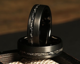6mm Black Meteorite Brushed Wedding ring, Black obsidian brushed Mens Wedding Band 6mm and 8mm, Gift for him, Gift for her, Personalized