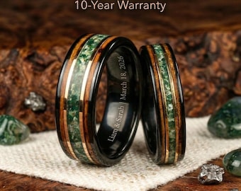 8mm and 4mm COUPLE'S Moss Agate Wedding Band SET, Unique Engagement, Whiskey Barrel Wedding Band, Men's Tungsten Ring, nature wood comfort