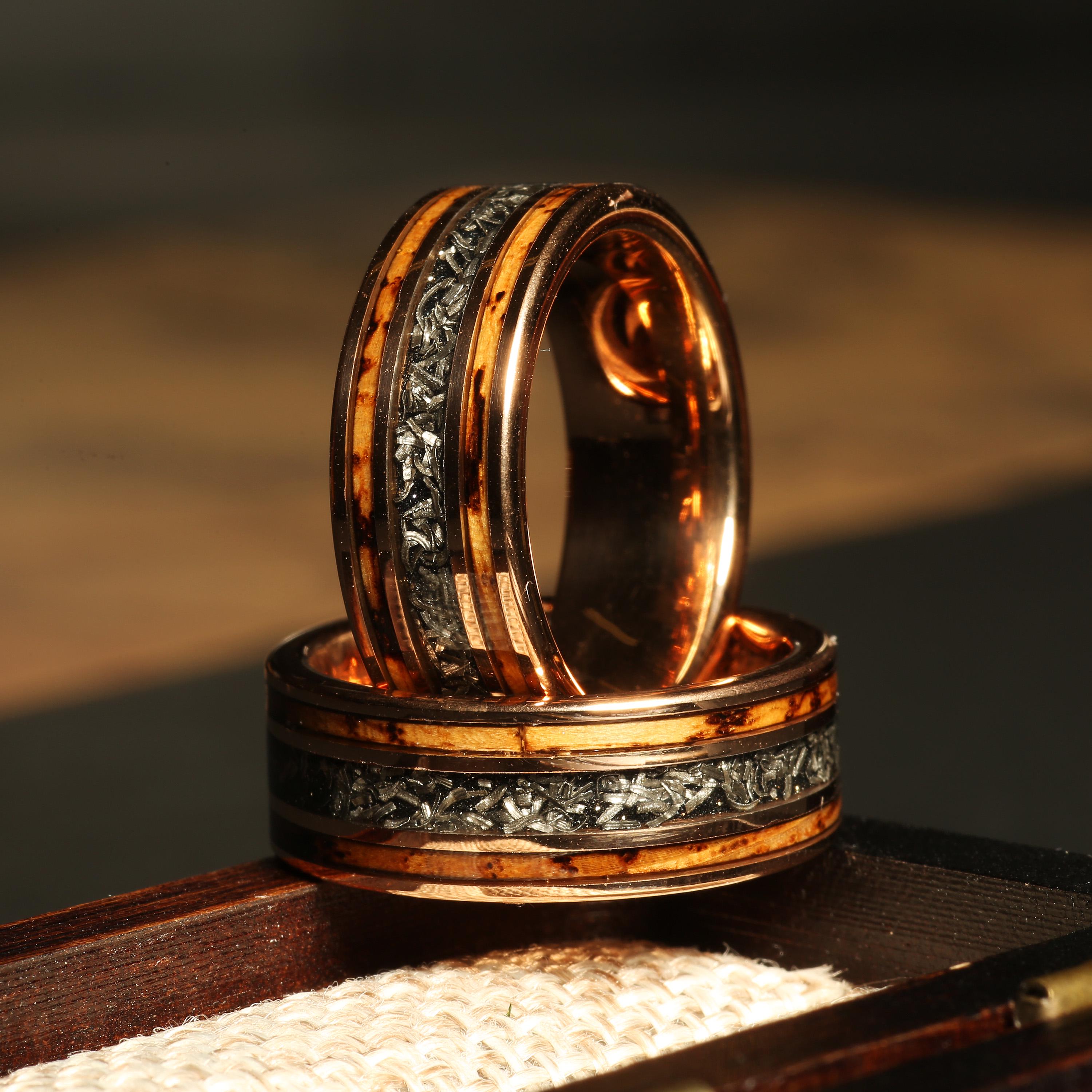 Mens Wedding Band with Burnt Whiskey Barrel and Meteorite, Meteorite Ring, 18K Rose Gold Tungsten Mens Ring, Whiskey Barrel Wedding Band