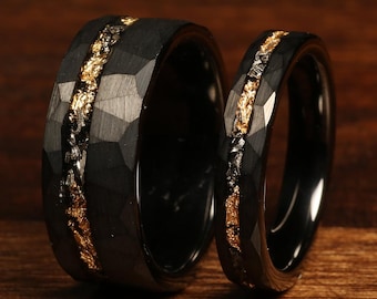Couple Rings BLACK METEORITE Rings Set, His and Hers Wedding Rings, Black Faceted and 24K Gold Leaf & Real Meteorite Wedding