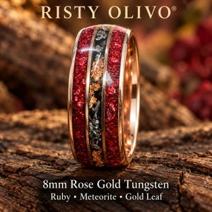 Ruby Wedding Band, Meteorite Ring with 24K Rose Gold Leaf, 8mm Rose Gold Tungsten Men's Wedding Ring, Personalized Anniversary Gift for Him
