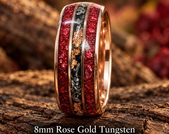 Ruby Wedding Band, Meteorite Ring with 24K Rose Gold Leaf, 8mm Rose Gold Tungsten Men's Wedding Ring, Personalized Anniversary Gift for Him