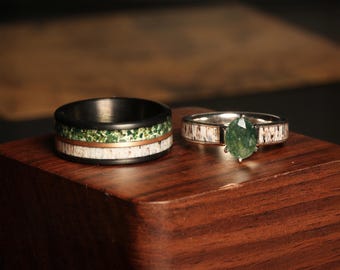 Moss Agate & Deer Antler Couple Wedding Bands - His 8mm Black Tungsten Rose Gold, Her 4mm Sterling Silver Eco-Friendly Matching Set