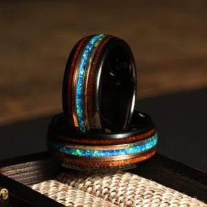 8mm KOA WOOD Wedding Ring with Blue OPAL, Hawaiian Koa Wood Wedding Band, Black Tungsten Ring, Opal Ring, Wood Wedding Ring, Gift For Him