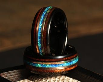 Hawaiian KOA WOOD Wedding Ring with Blue OPAL, 8mm Koa Wood Wedding Band, Black Tungsten Ring, Opal Ring, Wood Wedding Ring,Unique Mens Ring