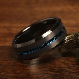 Men&#39;s Thin Blue Line Wedding Band, Gift for Him Jewelry Black Tungsten Wedding Band Blue Groove Mens Wedding Ring, Unique Police Ring