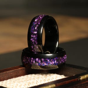 Crab Nebula Ring, Alexandrite Wedding Band, Black Tungsten, 8mm Outer Space Ring, Black, Dome, Polish, Unique Purple Ring, Engraving