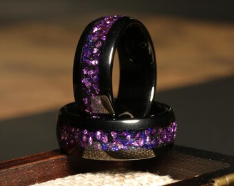 Crab Nebula Ring, Alexandrite Wedding Band, Black Tungsten, 8mm Outer Space Ring, Black, Dome, Polish, Unique Purple Ring, Engraving