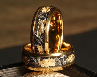8mm Yellow Gold Mens Meteorite Ring – Gold Leaf Flakes Wedding Band - Custom Engraved, Mens Tungsten Ring, Comfort Fit For Daily Wear Ring